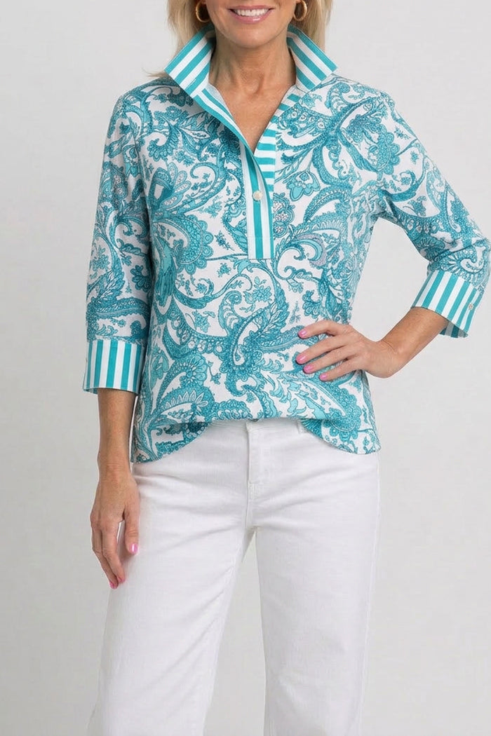 Teal Paisley Print Striped Cuff Half Placket Top