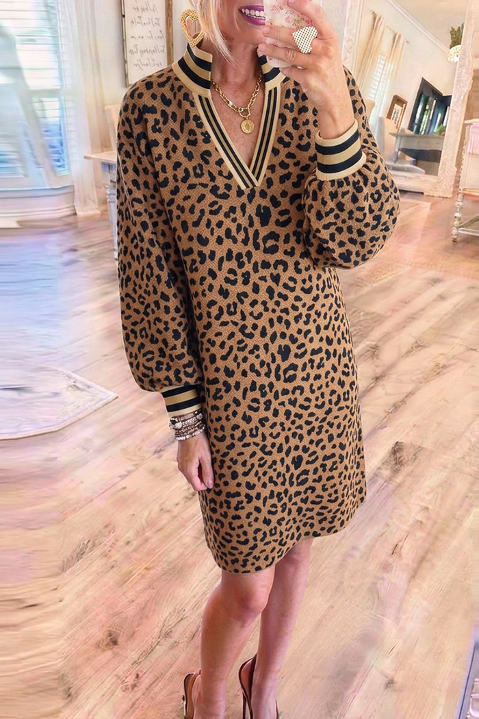 Camel Leopard Stand Collar Puff Long Sleeve Shift Dress