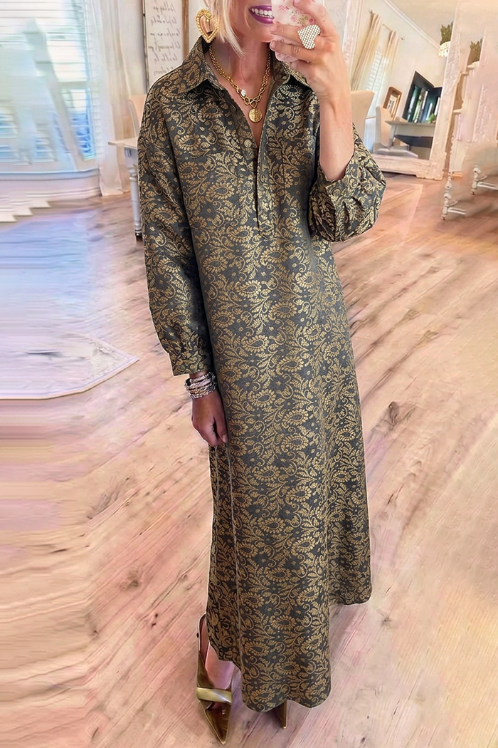 Metallic Floral Jacquard Collared Balloon Sleeve Maxi Dress