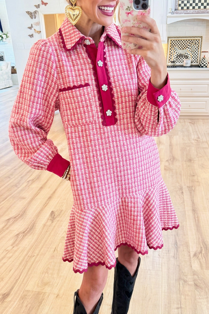 Pink Check Tweed Pockets Ruffle Hem Dress