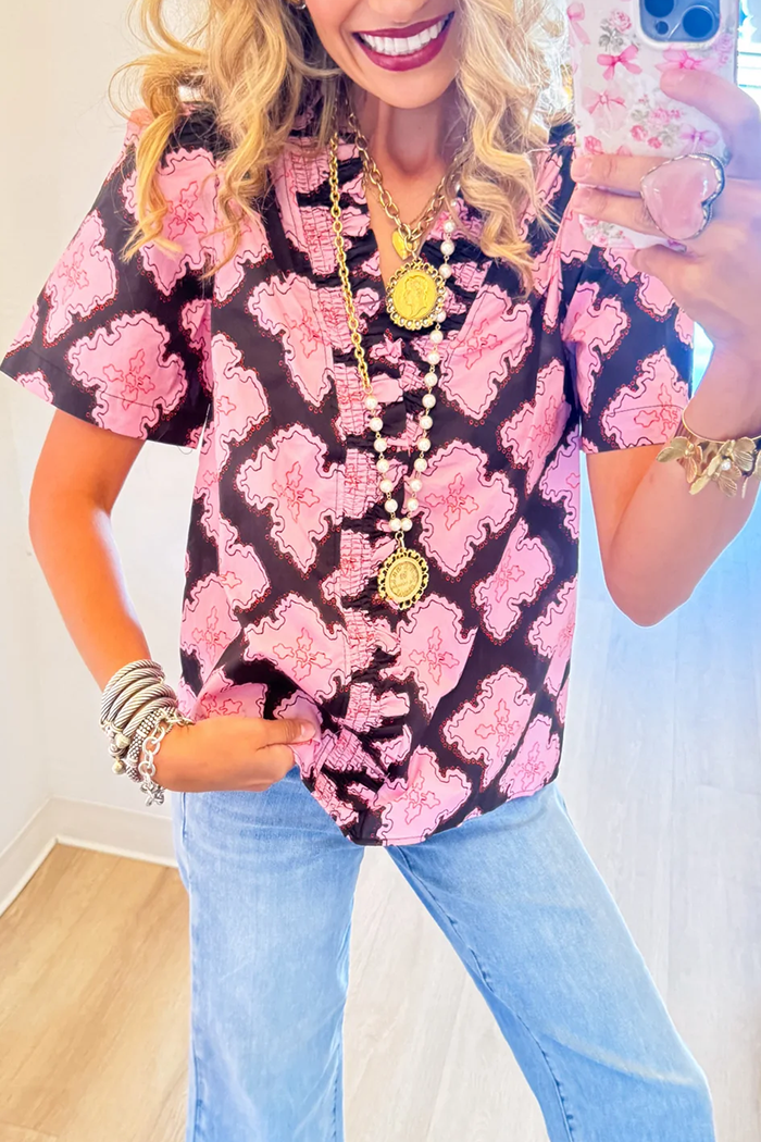 Pink Abstract Floral Ruffle Placket Short Sleeve Top