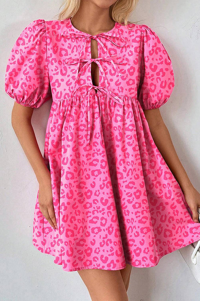 Leopard Puff Sleeve Tie Front Mini Dress