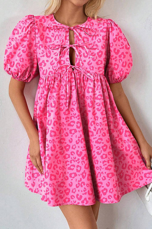 Leopard Puff Sleeve Tie Front Mini Dress