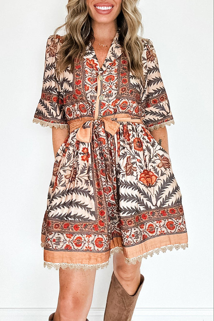 V-Neck Button Puff Sleeve Pocket Shirt Dress