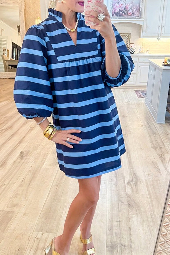 Navy Stripe Ruffle Neck Balloon Sleeve Dress