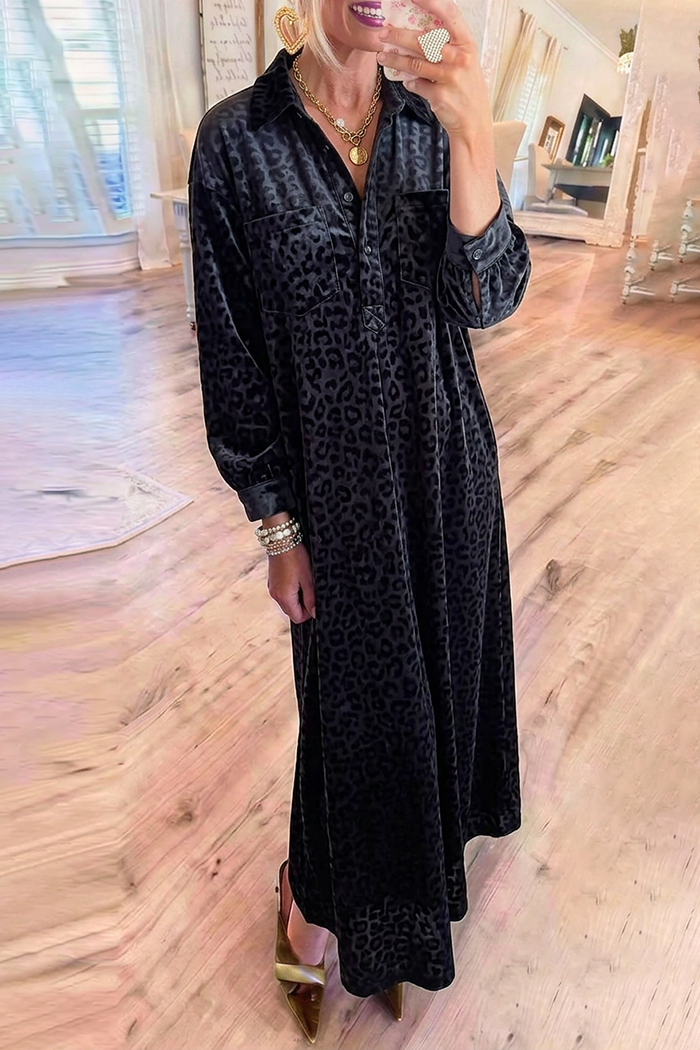 Velvet Leopard Jacquard Shirt Collar Pockets Maxi Dress