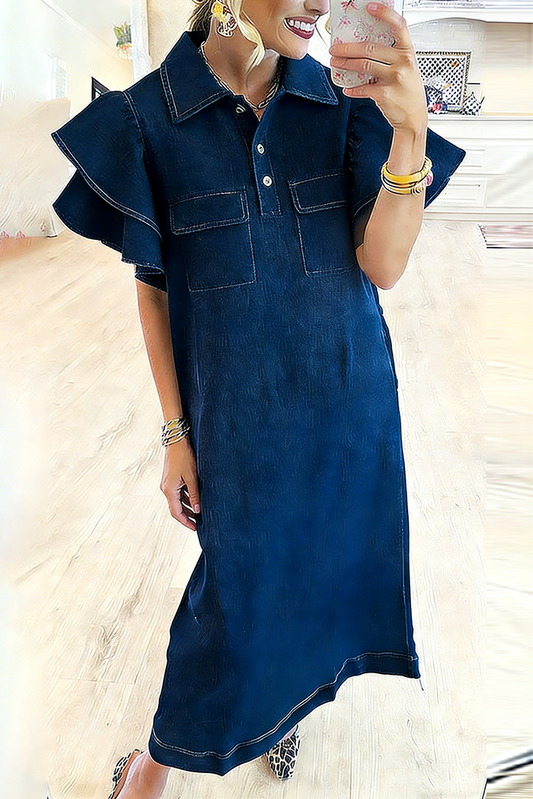 Double Ruffle Sleeve Chest Pocket Denim Maxi Dress