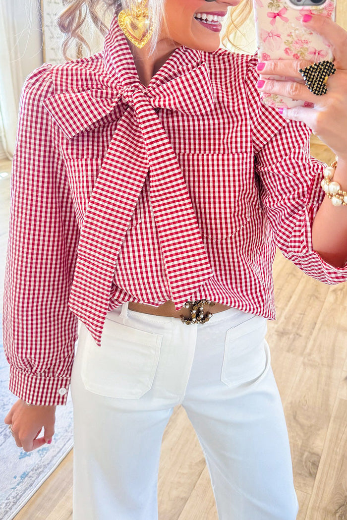 Classic Gingham Bow Button Up Top