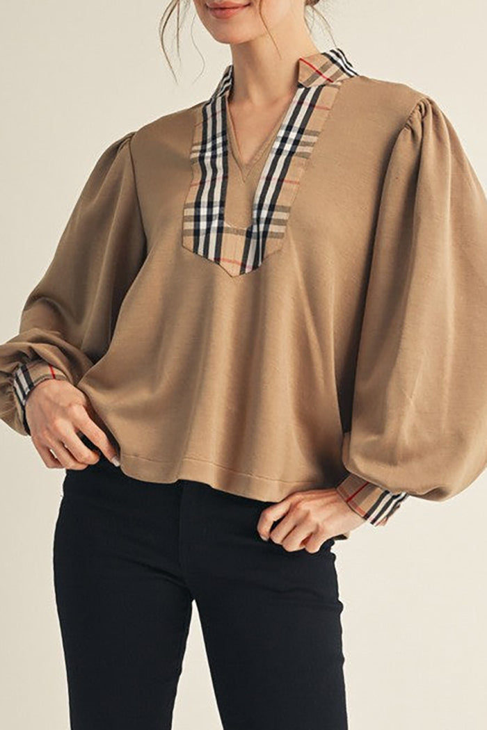 Plaid Contrast Accent Long Puff Sleeve Top