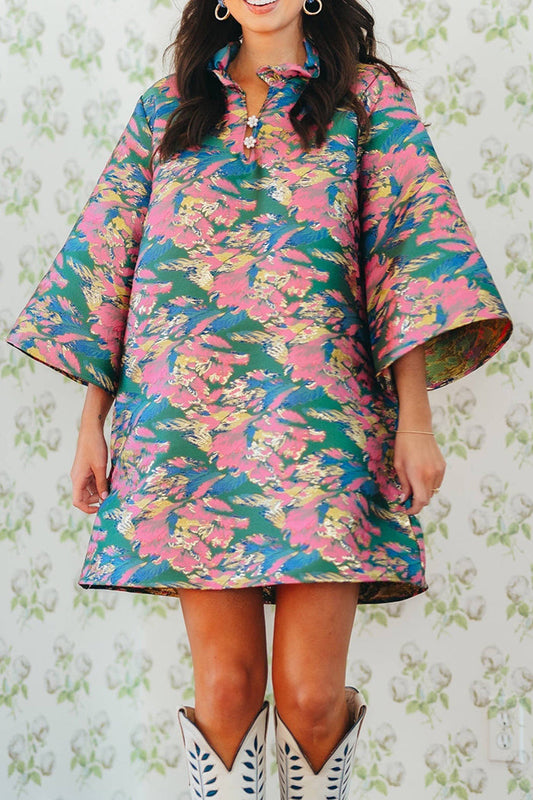 Floral Print Bell-Sleeve Pocket Dress
