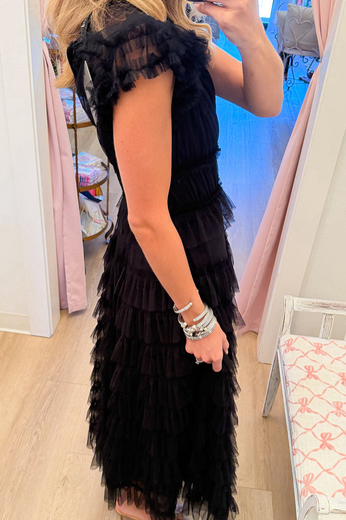 Black Tulle Layer Ruffle Maxi Dress