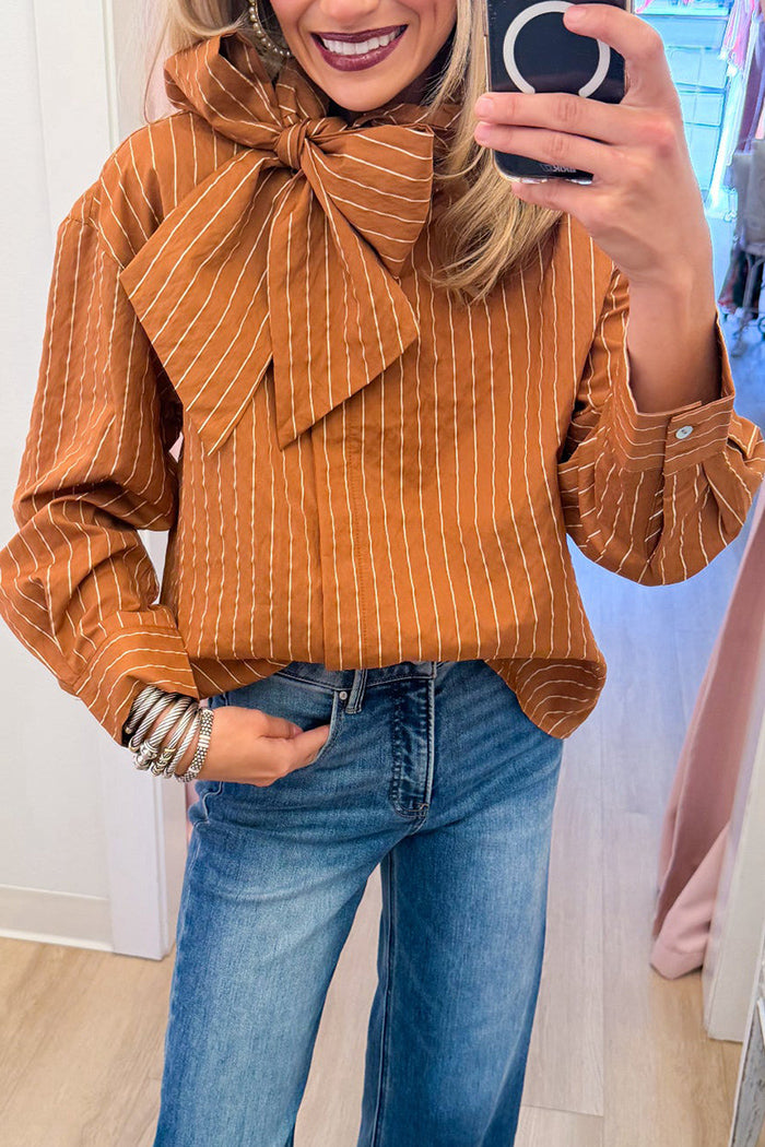 Camel Stripe Tie Neck Top