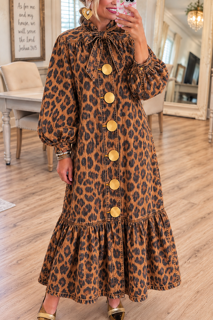 Big Button Ruffle Hem Leopard Maxi Dress