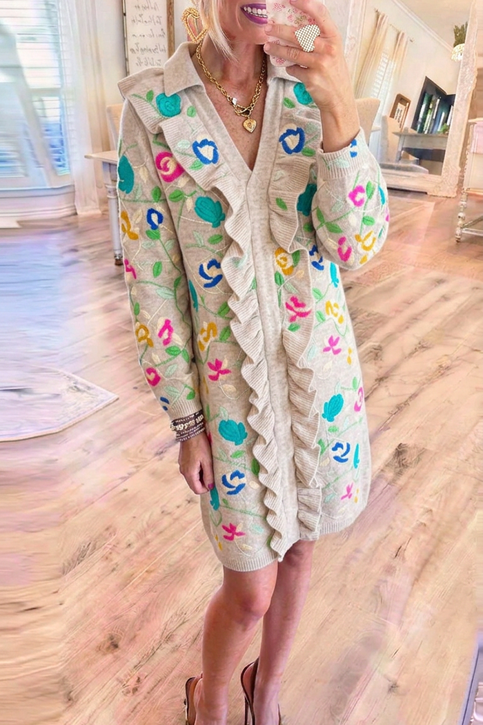 Oatmeal Floral Embroidery Front Ruffle Collar Long Sleeve Sweater Dress