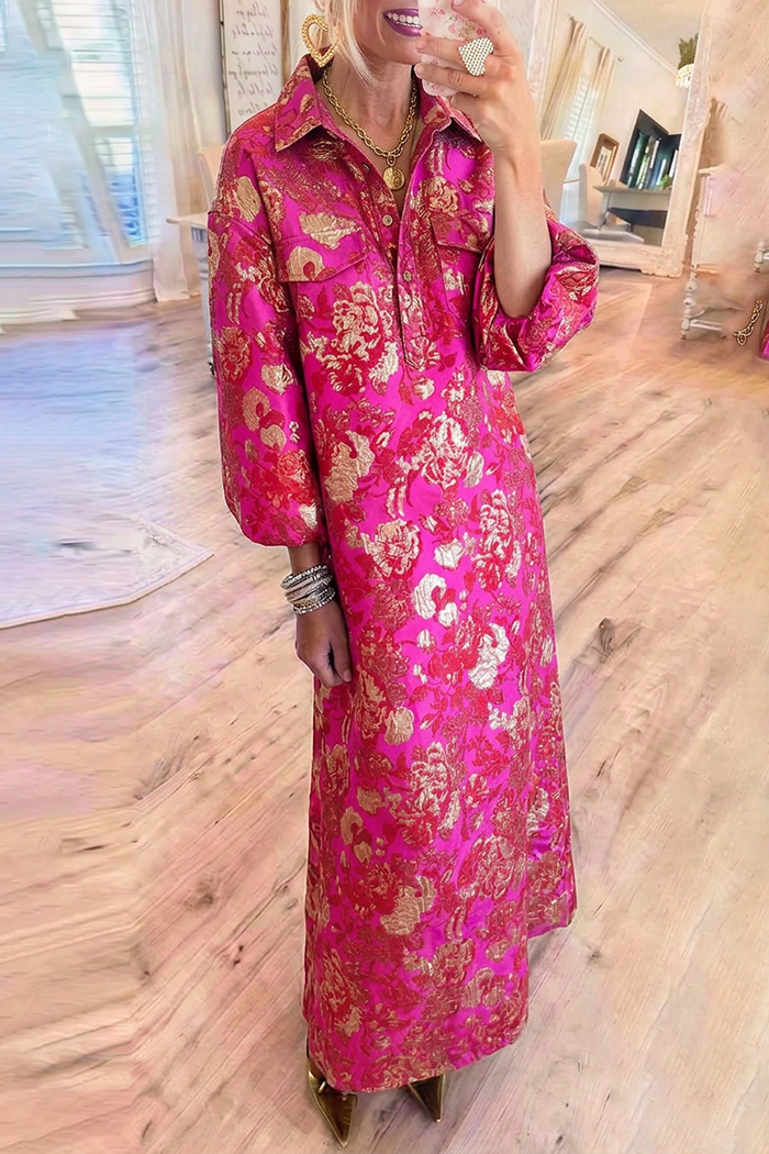 Fuchsia Pockets Metallic Jacquard Floral Maxi Dress