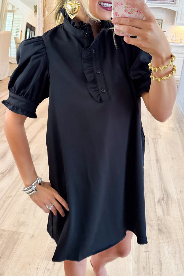 Black Ruffle Neck Pocket Dress