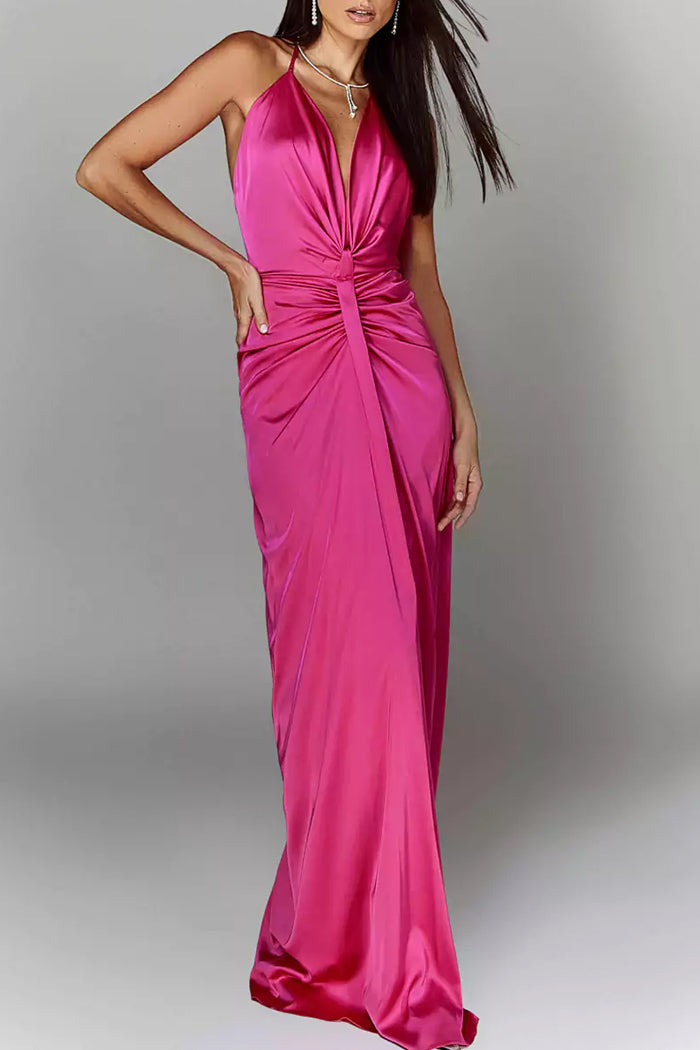 Ruched Deep V Open Back Evening Dress