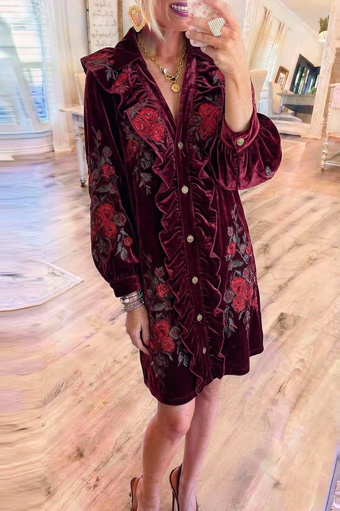Burgundy Velvet Ruffle Floral  Puff Sleeve Dress