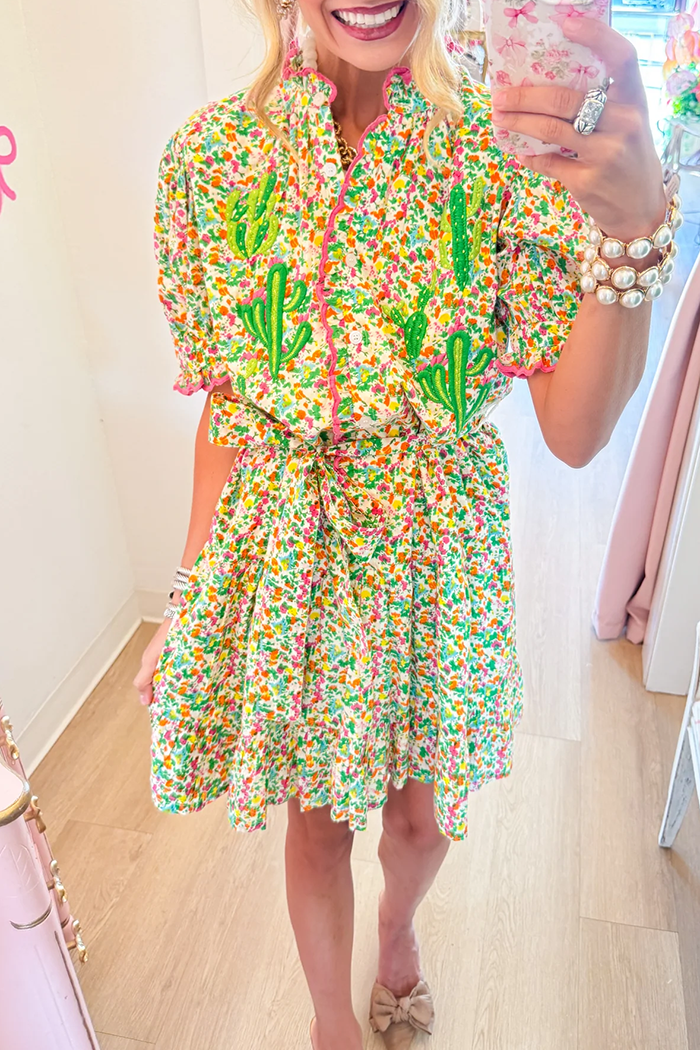 Ditsy Floral Cactus Embroidered Ruffle Collar Dress