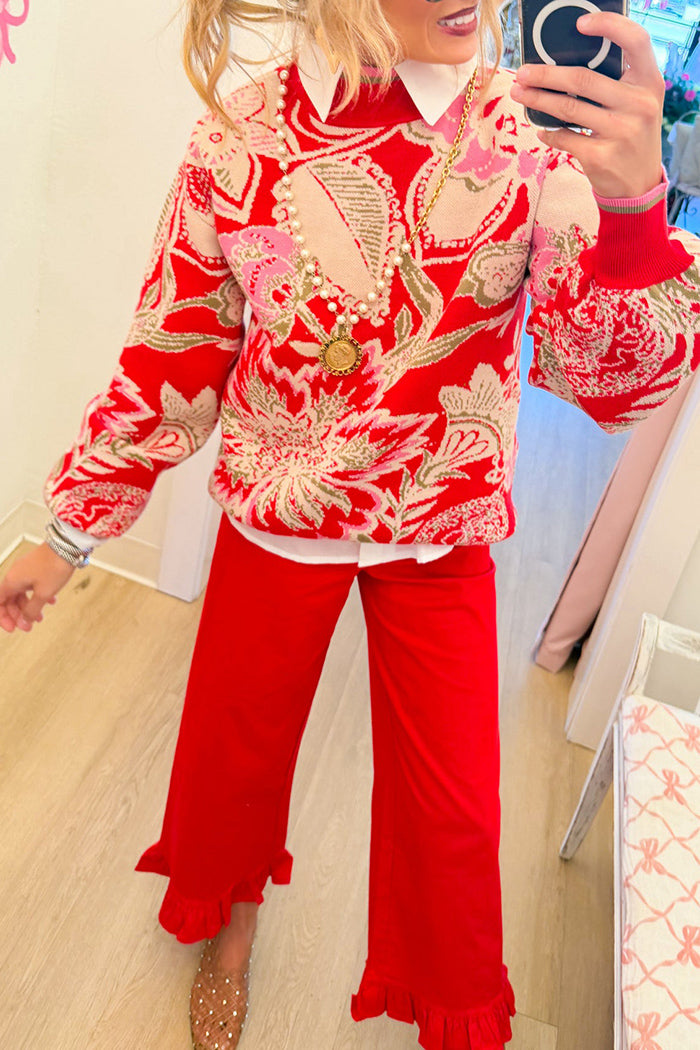 Red Floral Jacquard Mock Neck Sweater