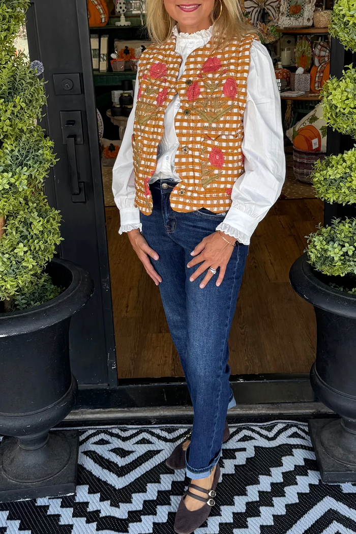 Gingham Floral Quilted Cotton Vest
