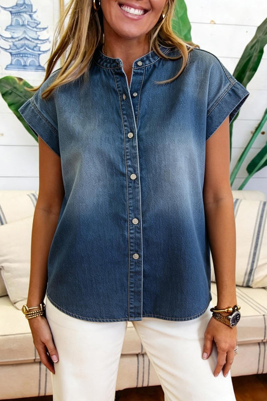 Button Front Cap Sleeve Denim Top