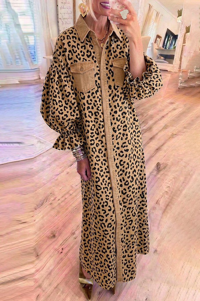 Leopard Collared Chest Pocket Balloon Sleeve Maxi Dress