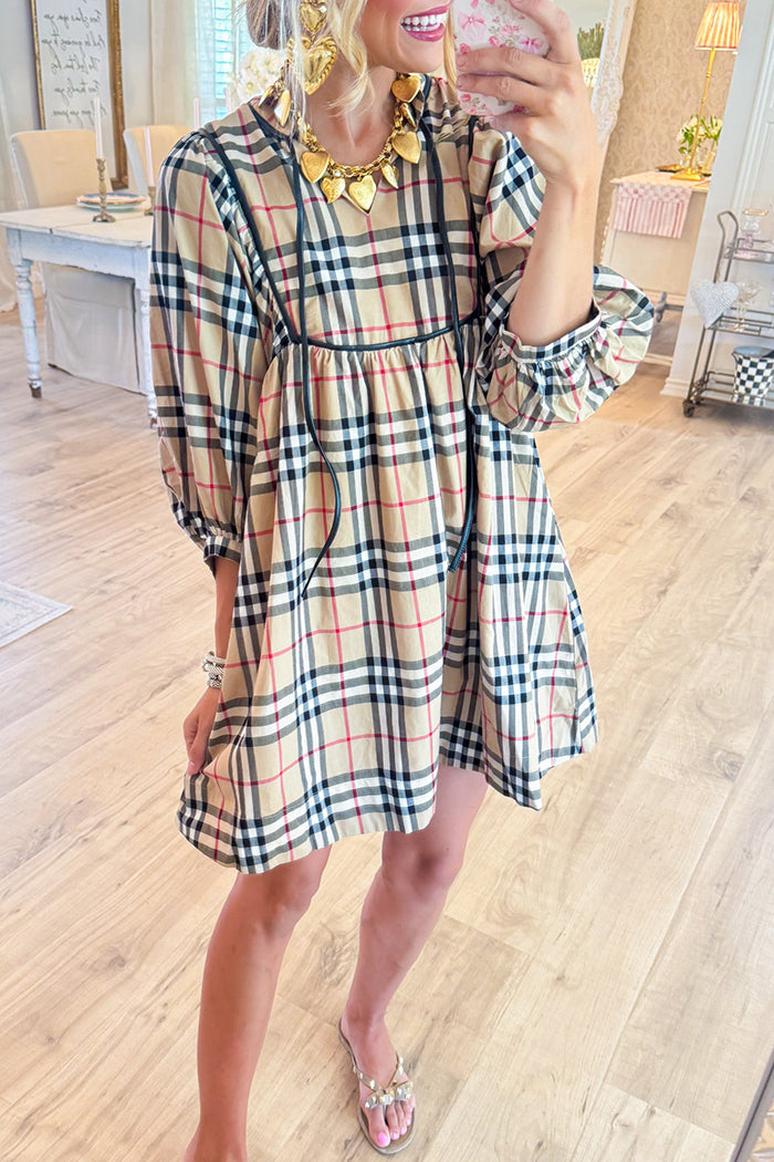 Casual 3/4 Sleeve Plaid Dress