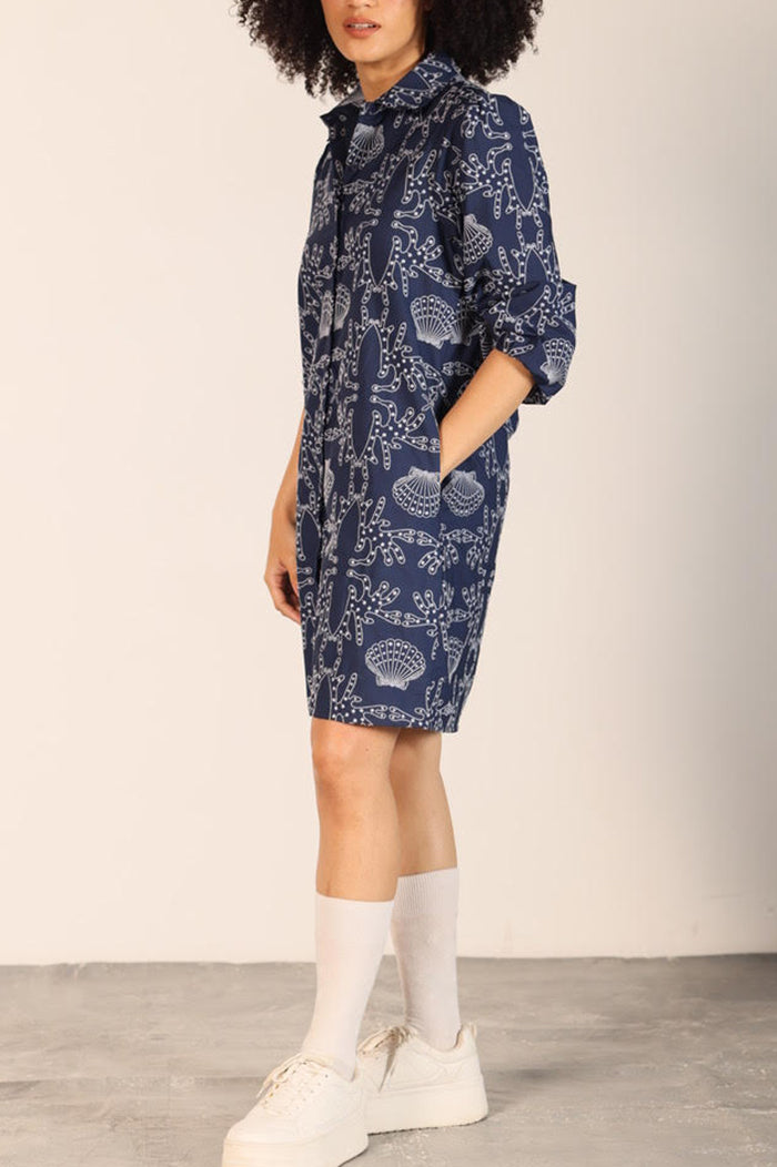 Shell Print Button Front Pocket Dress