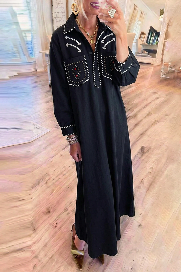Black Western Embroidery Stud Detail Chest Pockets Long Sleeve Maxi Dress