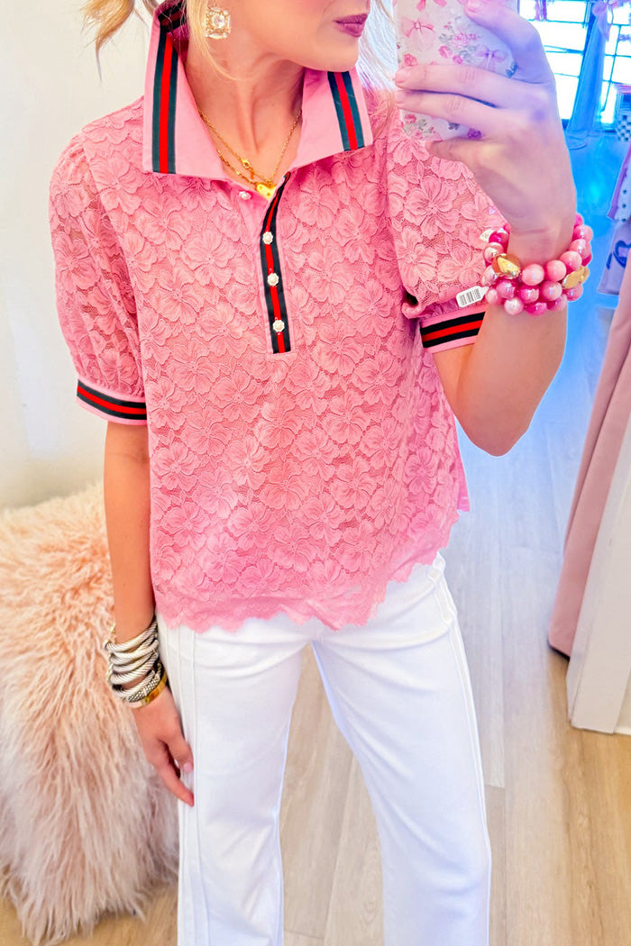Contrast Stripe Lace Collared Button Top