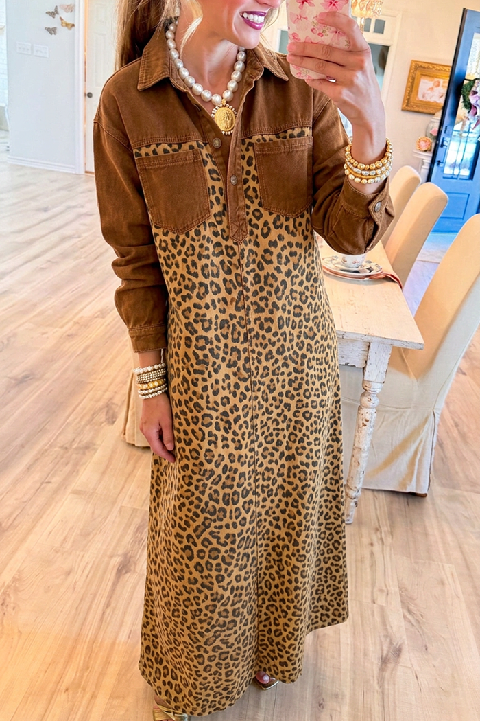 Casual Pocket Leopard Splicing Denim Dress