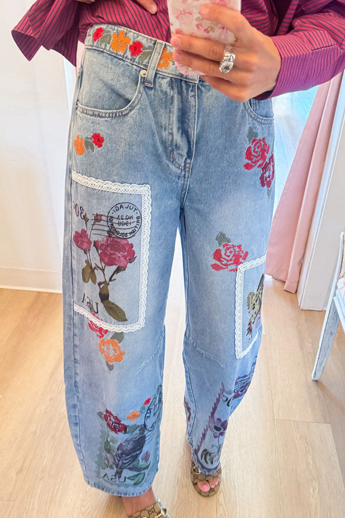 Floral Embroidery Barrel Leg Jeans
