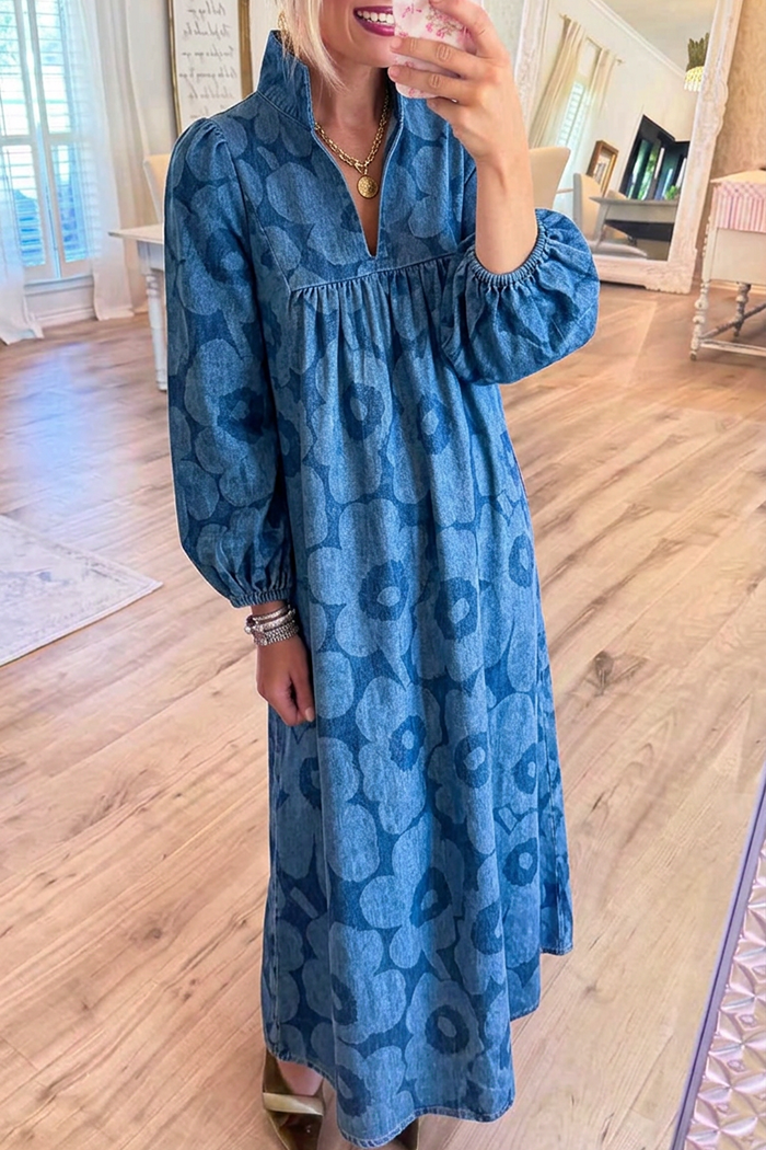 Denim Floral Stand Collar Balloon Sleeves Pockets Maxi Dress
