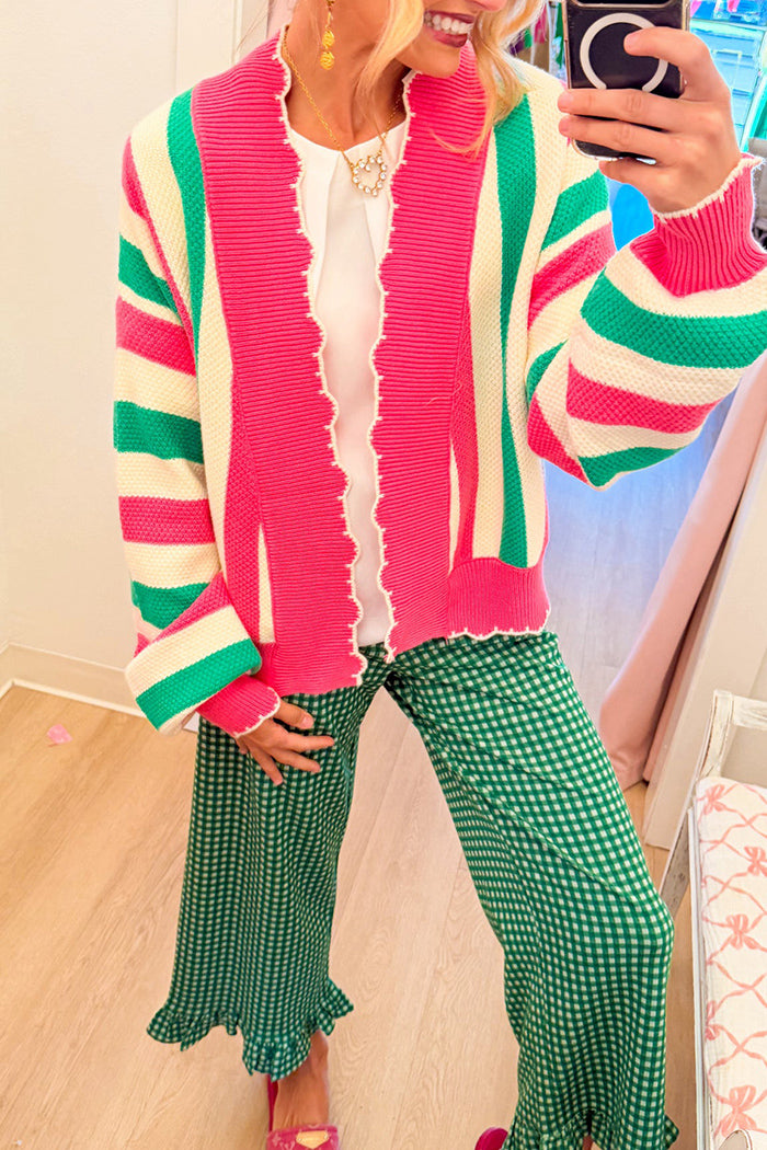 Scallop Trim Stripe Knit Cardigan