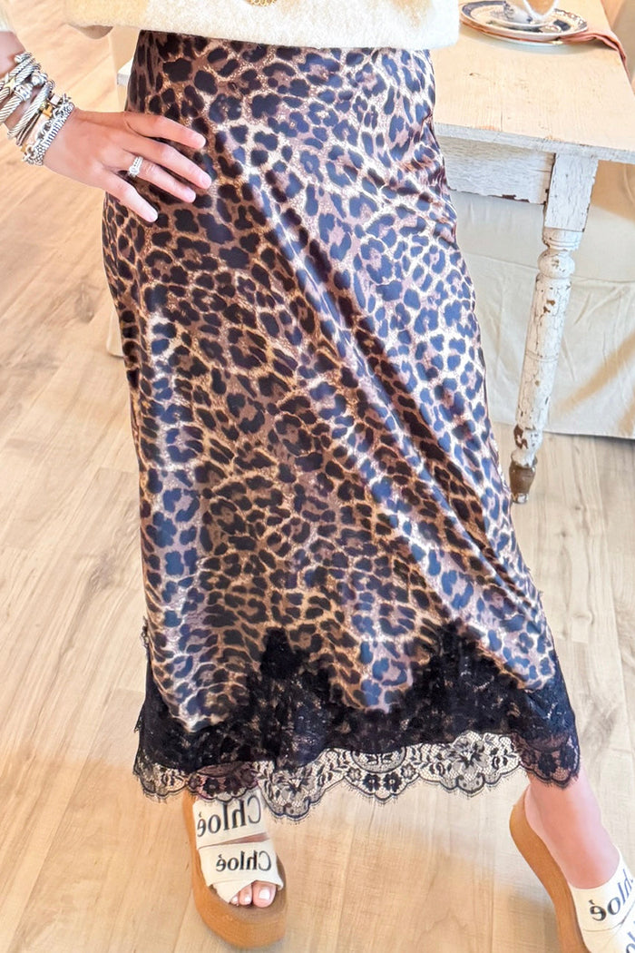 Casual Leopard Lace Hem Maxi Skirt