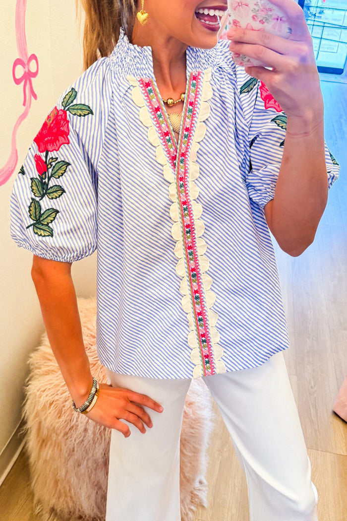 Blue Striped Puff Sleeve Top