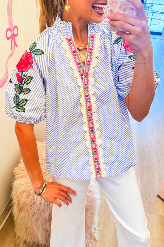 Blue Striped Puff Sleeve Top