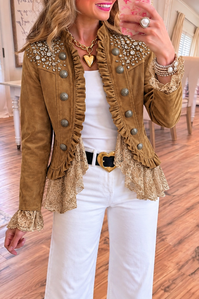 Tan Rhinestone Lace Ruffle Jacket