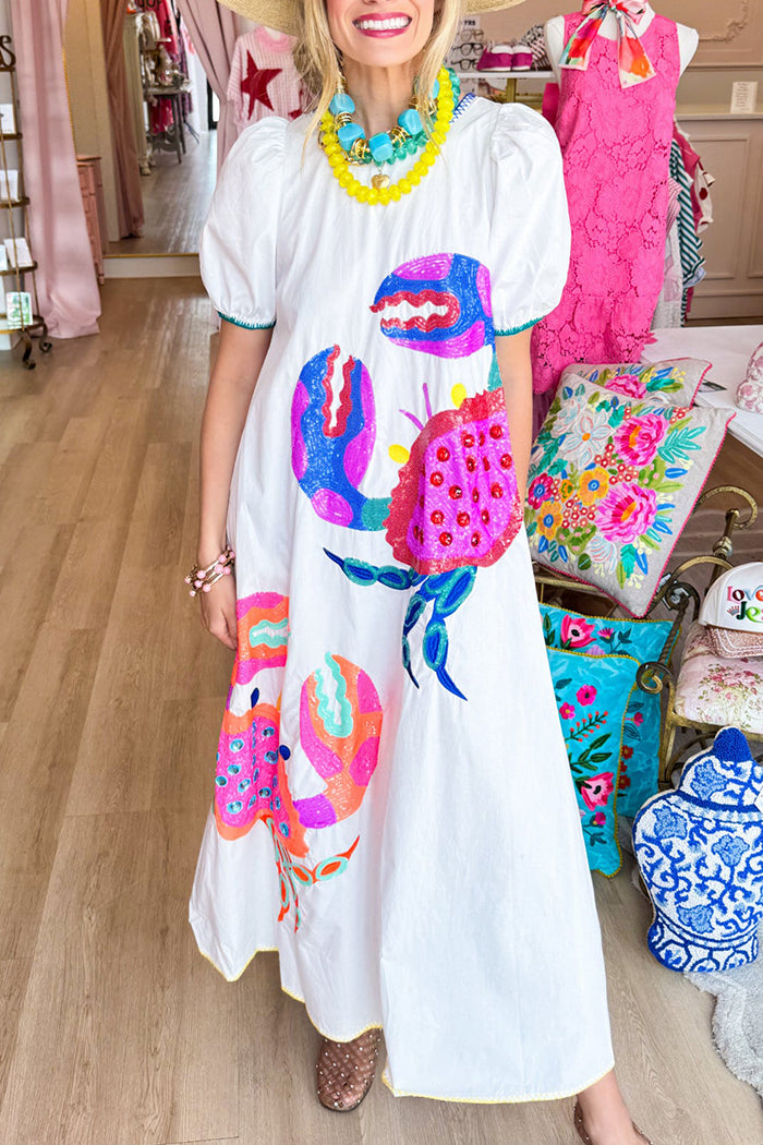 White Multi Crab Midi Dress