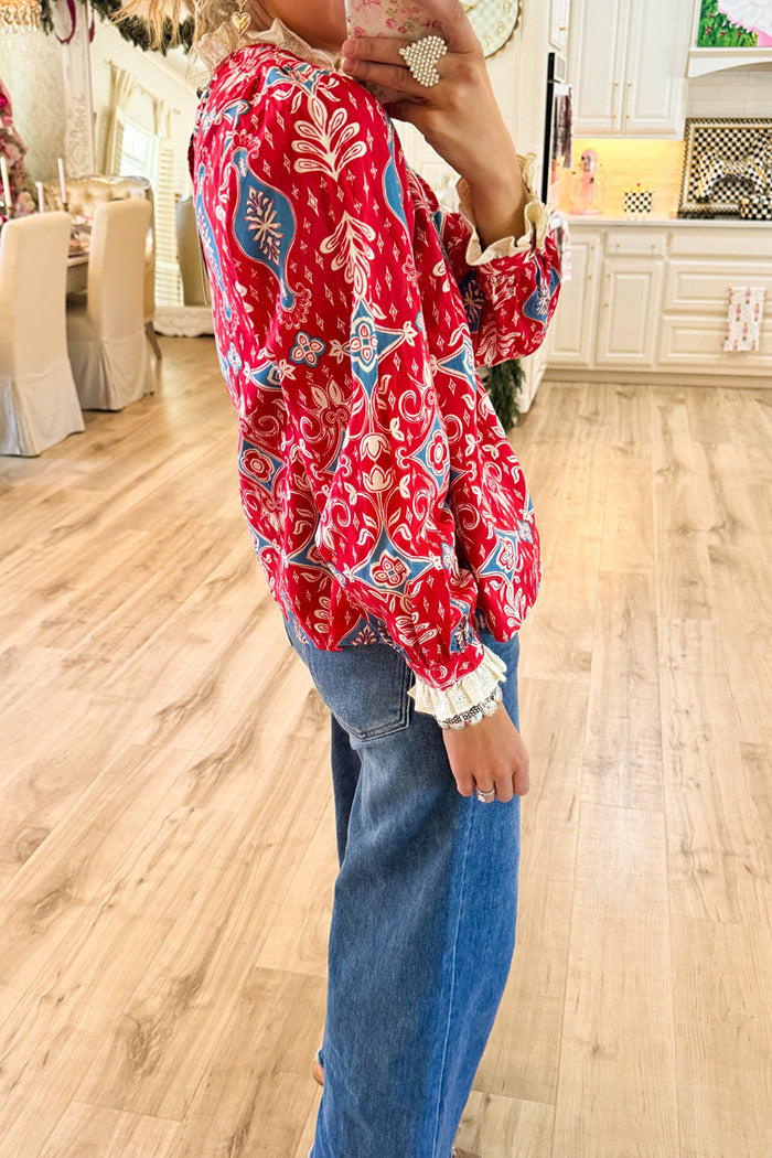 Casual Print Ruffle Collar Top