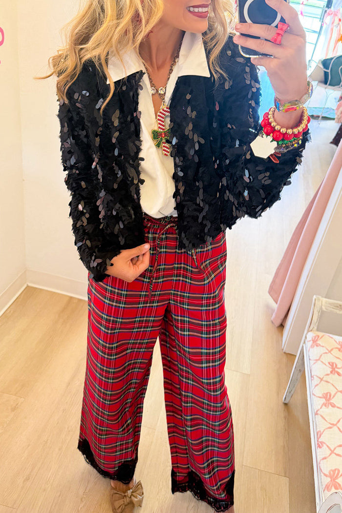 Red Plaid Lace Hem Pants