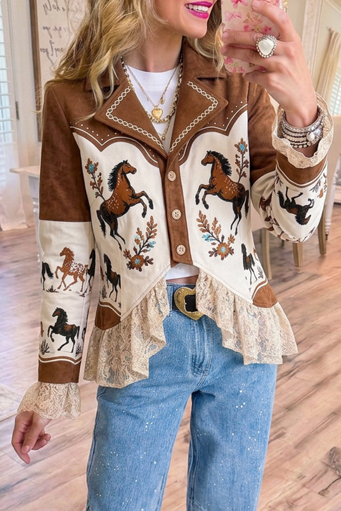 Brown Cream Western Horse Print Lace Ruffle Hem Cropped Jacket