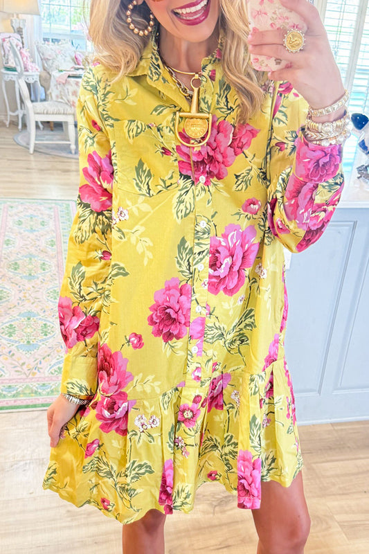 Long Sleeve Ruffle Hem Rose Shirtdress