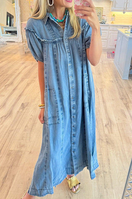 Puff Sleeve Button Denim  Dress