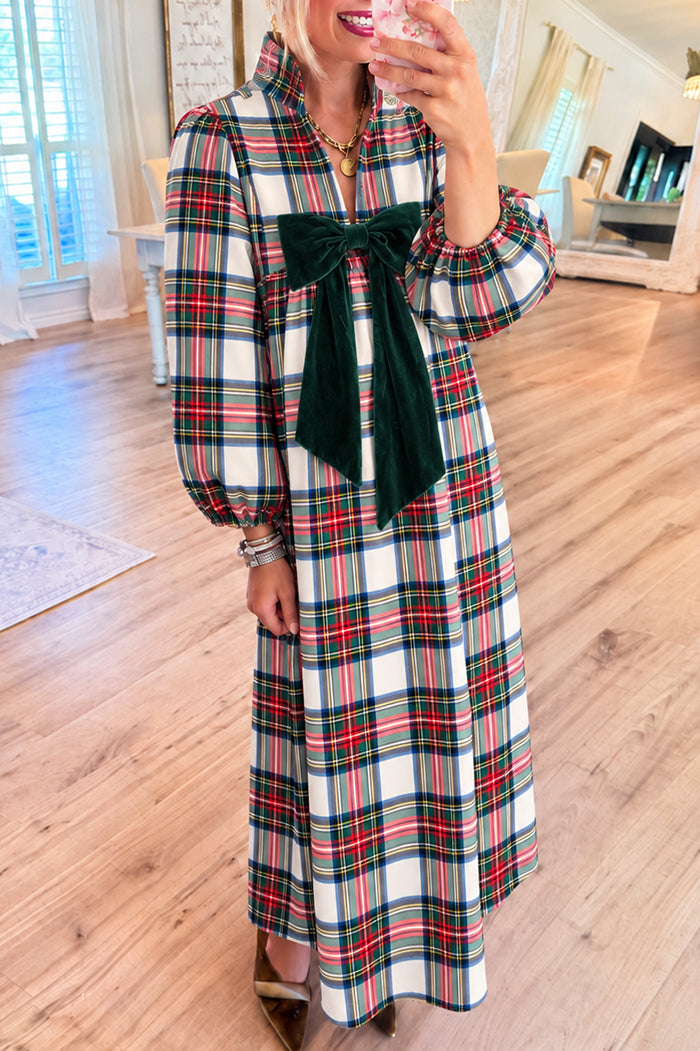White Tartan Plaid Green Bow Maxi Dress