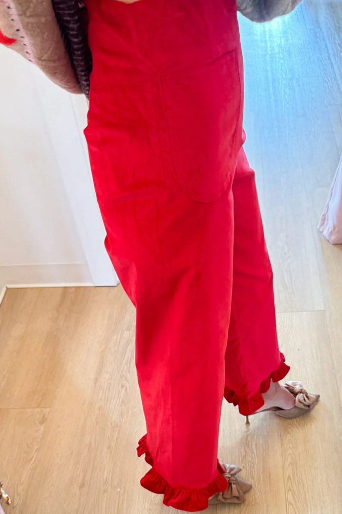 Red Velvet Ruffle Hem Pants