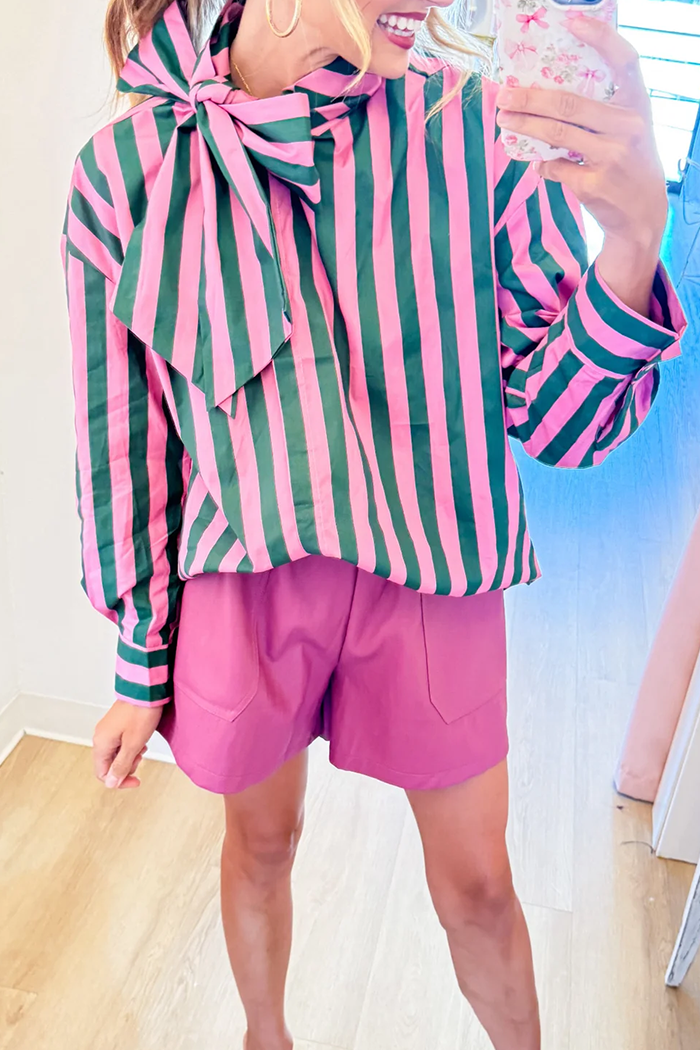 Stripe Bow Neck Long Sleeve Top