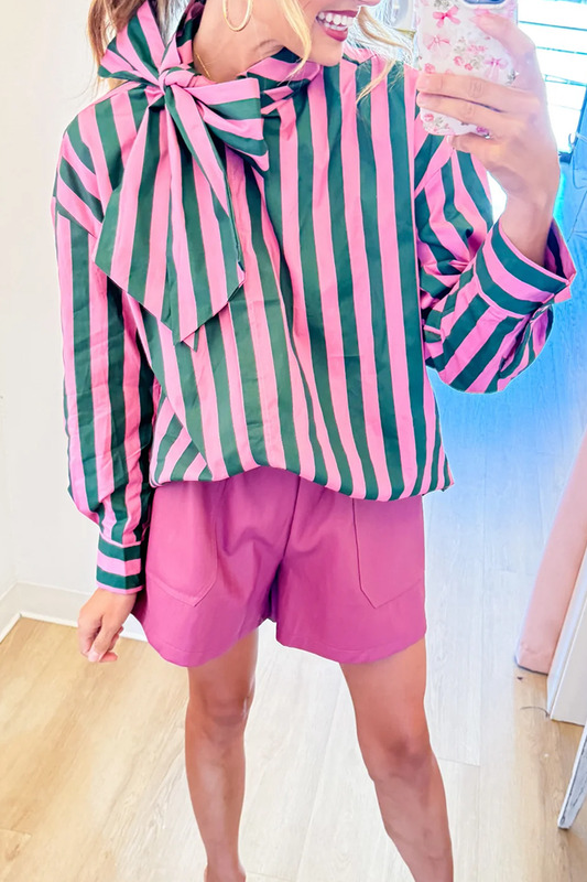 Stripe Bow Neck Long Sleeve Top