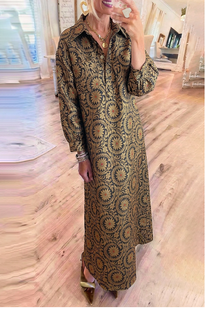 Metallic Vintage Jacquard Collared Balloon Sleeve Maxi Dress